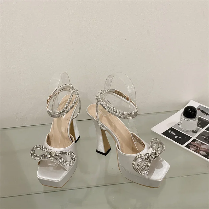 Hlieny 2024 New Sexy PVC Transparency Sandals High Heels Women Pumps Fashion Bowknot Crystal Square Toe Platform Prom Shoes