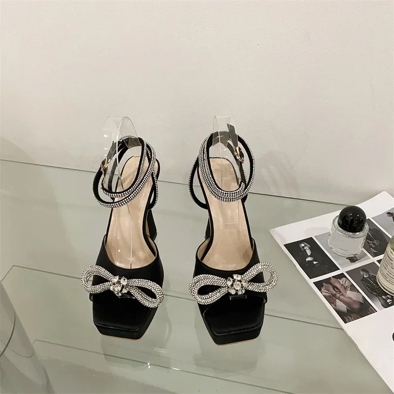 Hlieny 2024 New Sexy PVC Transparency Sandals High Heels Women Pumps Fashion Bowknot Crystal Square Toe Platform Prom Shoes