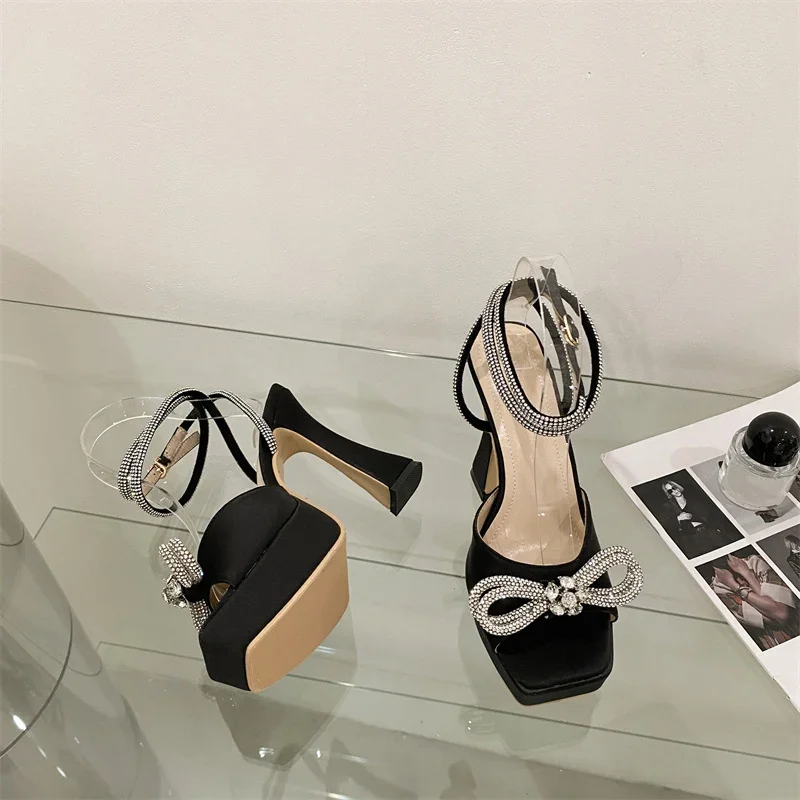 Hlieny 2024 New Sexy PVC Transparency Sandals High Heels Women Pumps Fashion Bowknot Crystal Square Toe Platform Prom Shoes