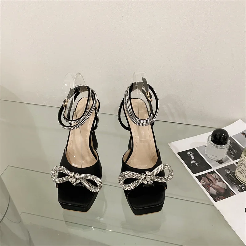 Hlieny 2024 New Sexy PVC Transparency Sandals High Heels Women Pumps Fashion Bowknot Crystal Square Toe Platform Prom Shoes