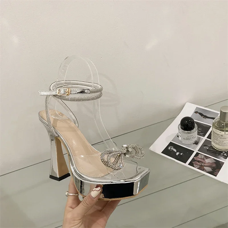 Hlieny 2024 New Sexy PVC Transparency Sandals High Heels Women Pumps Fashion Bowknot Crystal Square Toe Platform Prom Shoes
