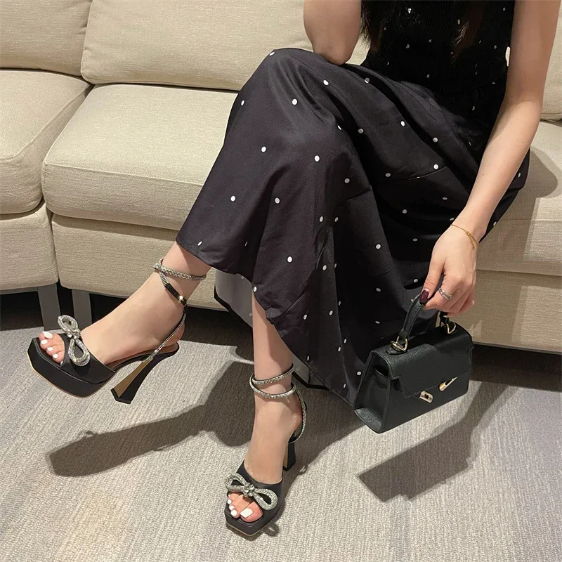 Hlieny 2024 New Sexy PVC Transparency Sandals High Heels Women Pumps Fashion Bowknot Crystal Square Toe Platform Prom Shoes