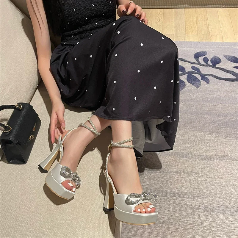 Hlieny 2024 New Sexy PVC Transparency Sandals High Heels Women Pumps Fashion Bowknot Crystal Square Toe Platform Prom Shoes