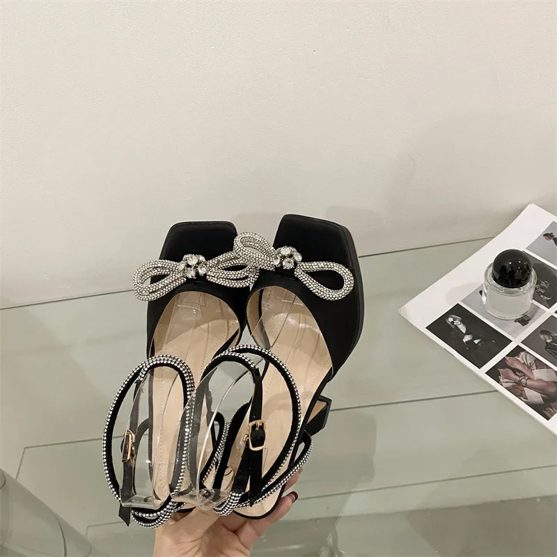 Hlieny 2024 New Sexy PVC Transparency Sandals High Heels Women Pumps Fashion Bowknot Crystal Square Toe Platform Prom Shoes