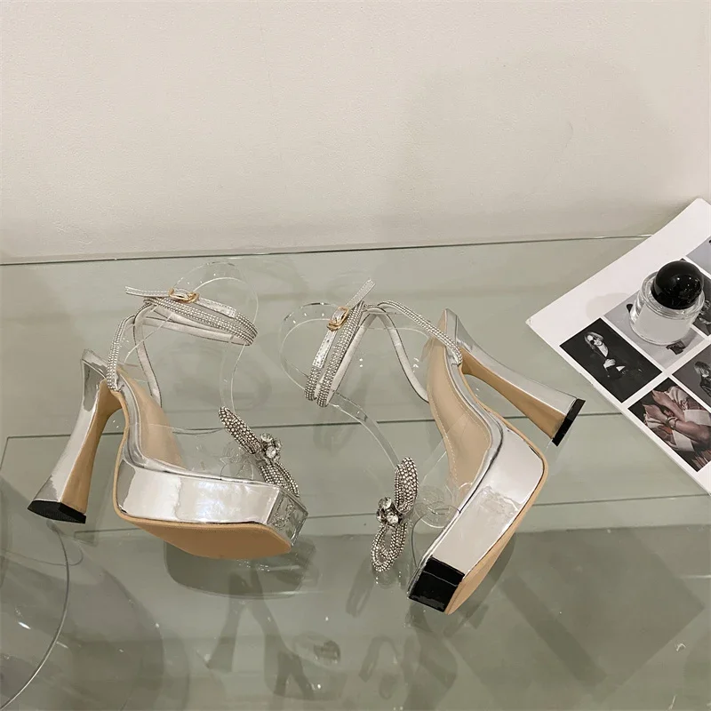 Hlieny 2024 New Sexy PVC Transparency Sandals High Heels Women Pumps Fashion Bowknot Crystal Square Toe Platform Prom Shoes
