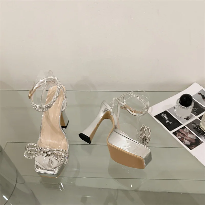 Hlieny 2024 New Sexy PVC Transparency Sandals High Heels Women Pumps Fashion Bowknot Crystal Square Toe Platform Prom Shoes