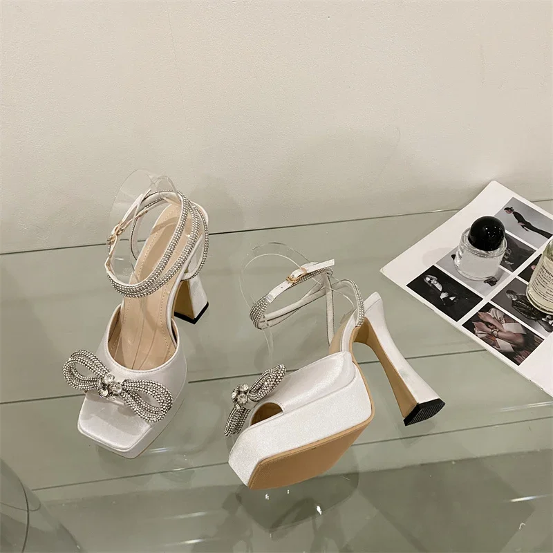 Hlieny 2024 New Sexy PVC Transparency Sandals High Heels Women Pumps Fashion Bowknot Crystal Square Toe Platform Prom Shoes