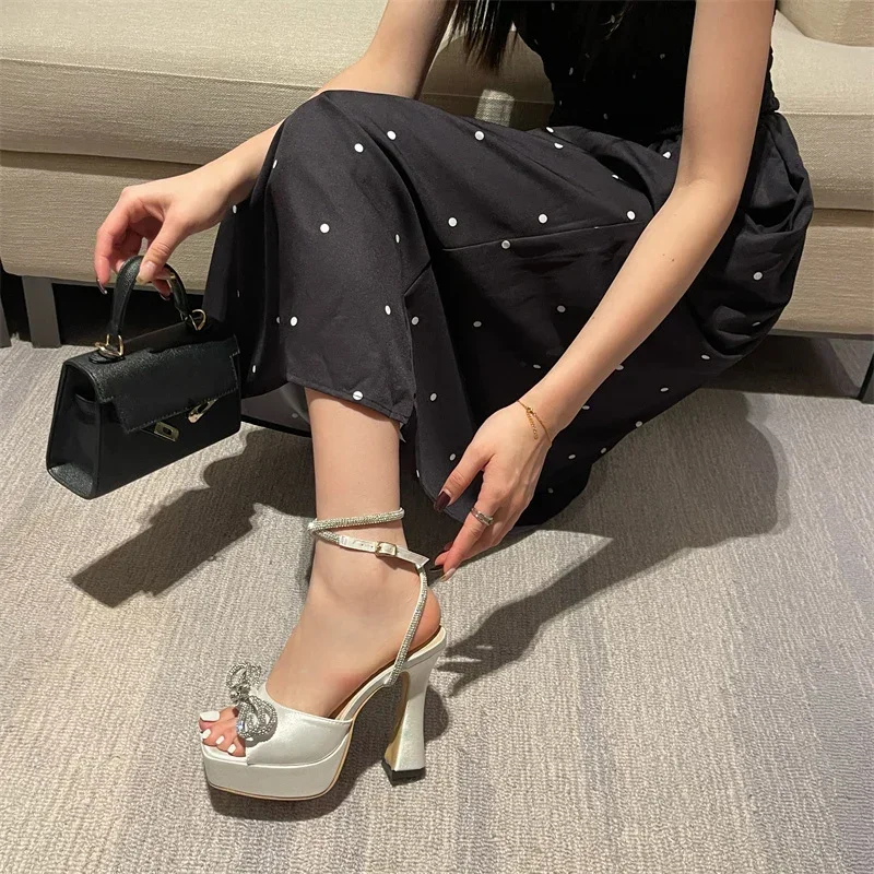 Hlieny 2024 New Sexy PVC Transparency Sandals High Heels Women Pumps Fashion Bowknot Crystal Square Toe Platform Prom Shoes