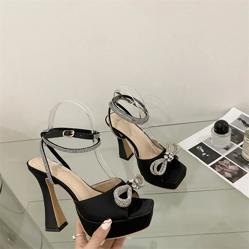 Hlieny 2024 New Sexy PVC Transparency Sandals High Heels Women Pumps Fashion Bowknot Crystal Square Toe Platform Prom Shoes