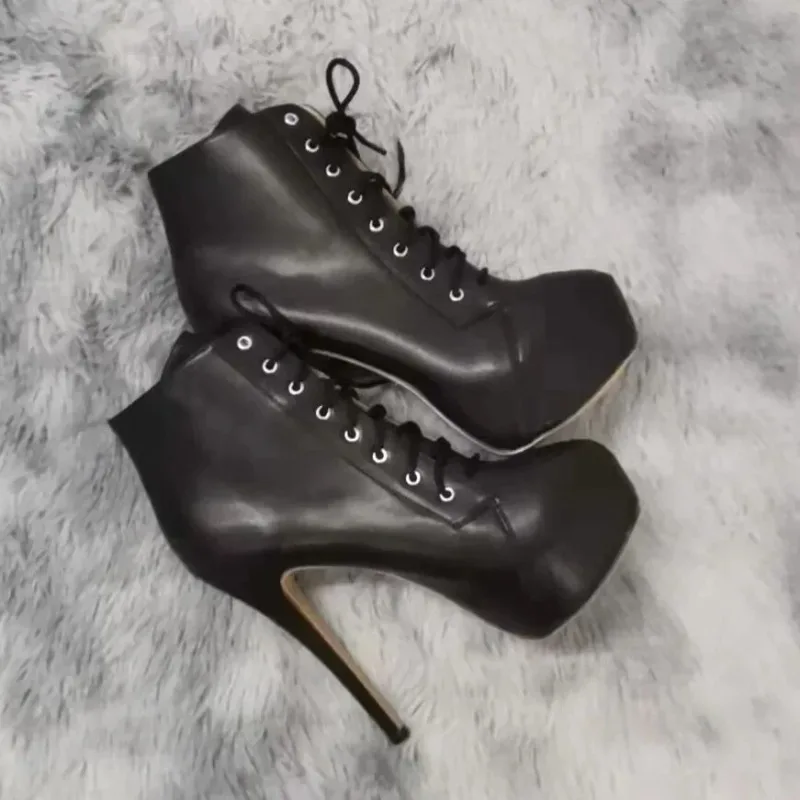 Women Ankle Boots Stilettos Autumn Winter Round Toe Pole Dance Sexy High Heels Pumps Fashion Zip Lace-Up Female Shoes Large Size Women Ankle Boots Stilettos Autumn Winter Round Toe Pole Dance Sexy High Heels Pumps Fashion Zip Lace-Up Female Shoes Large Size