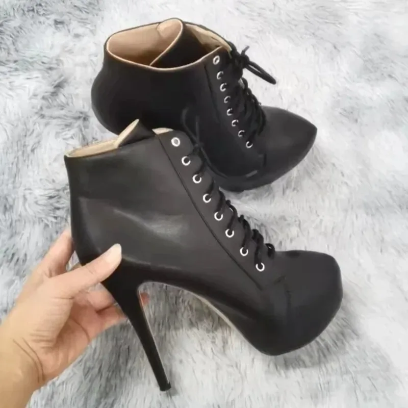 Women Ankle Boots Stilettos Autumn Winter Round Toe Pole Dance Sexy High Heels Pumps Fashion Zip Lace-Up Female Shoes Large Size Women Ankle Boots Stilettos Autumn Winter Round Toe Pole Dance Sexy High Heels Pumps Fashion Zip Lace-Up Female Shoes Large Size