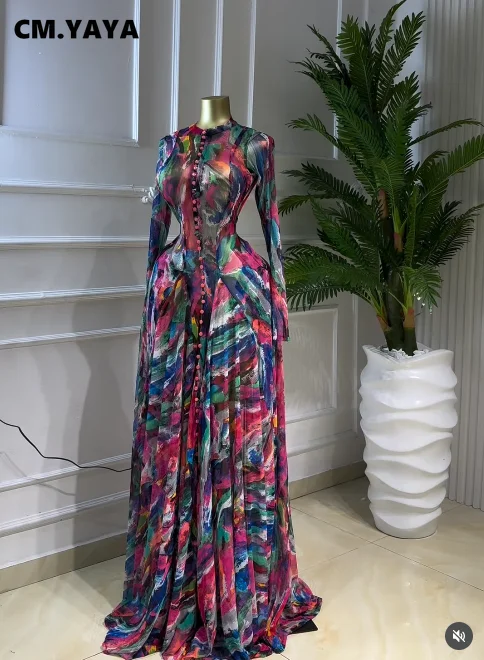 CM.YAYA Women O-neck Long Sleeve Big Swing Tie Dye Print Long Dress 2026 Sexy Parties Evening Vacation Maxi Dresses Vestidos