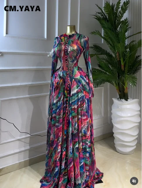 CM.YAYA Women O-neck Long Sleeve Big Swing Tie Dye Print Long Dress 2026 Sexy Parties Evening Vacation Maxi Dresses Vestidos