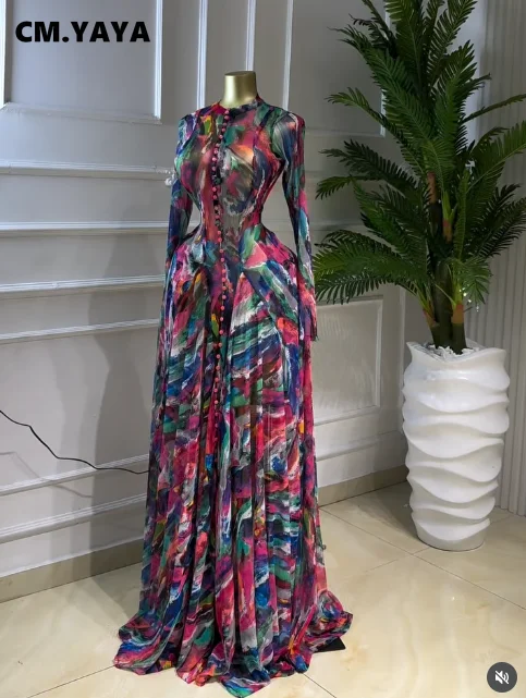 CM.YAYA Women O-neck Long Sleeve Big Swing Tie Dye Print Long Dress 2026 Sexy Parties Evening Vacation Maxi Dresses Vestidos