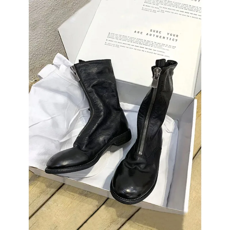 Retro Boots Women's Round Toe Mid-Calf Ort Boot Winter Warm Low Heel Rubber Outsole Leather