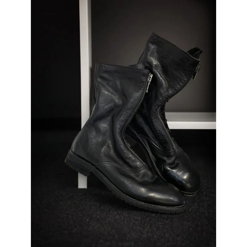 Retro Boots Women's Round Toe Mid-Calf Ort Boot Winter Warm Low Heel Rubber Outsole Leather