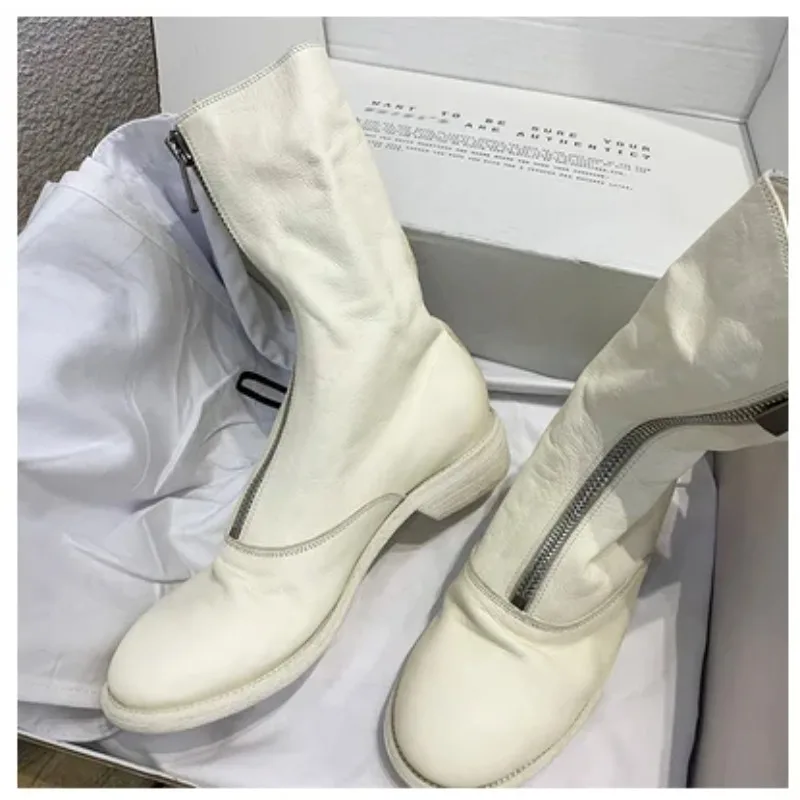 Retro Boots Women's Round Toe Mid-Calf Ort Boot Winter Warm Low Heel Rubber Outsole Leather