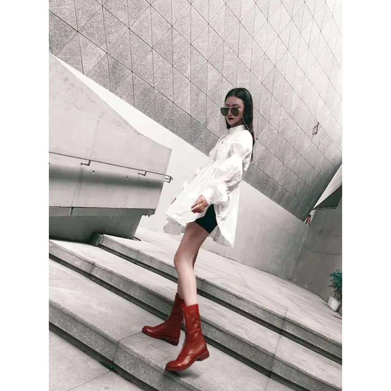 Retro Boots Women's Round Toe Mid-Calf Ort Boot Winter Warm Low Heel Rubber Outsole Leather