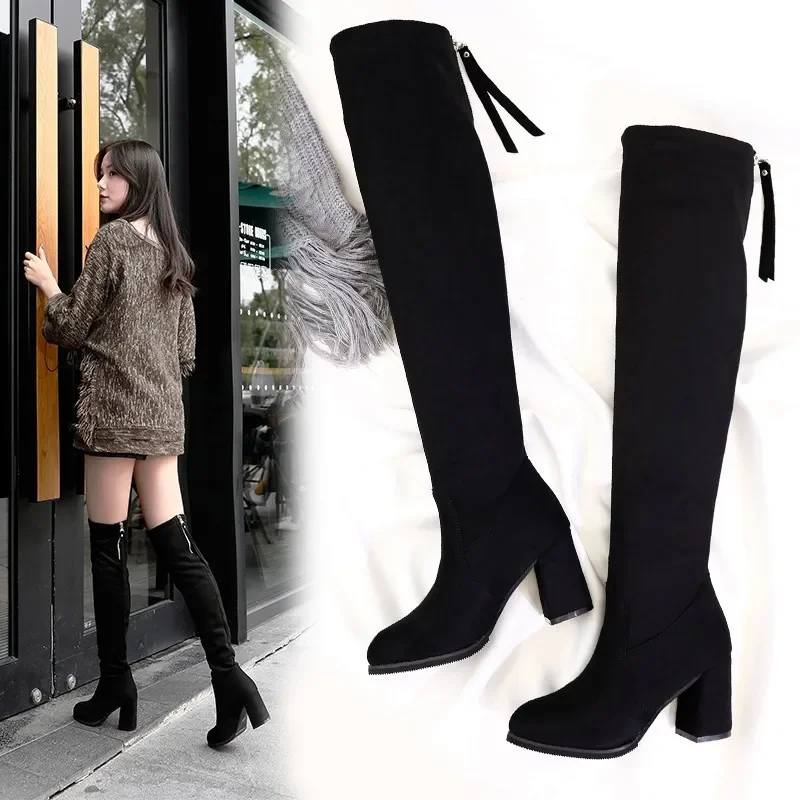 2023 Winter New Ladies Fashion Comfortable Plus Cotton Warm Boots Women Casual Sexy Flock Zip Black High Heel Black Boots Mujer 2023 Winter New Ladies Fashion Comfortable Plus Cotton Warm Boots Women Casual Sexy Flock Zip Black High Heel Black Boots Mujer