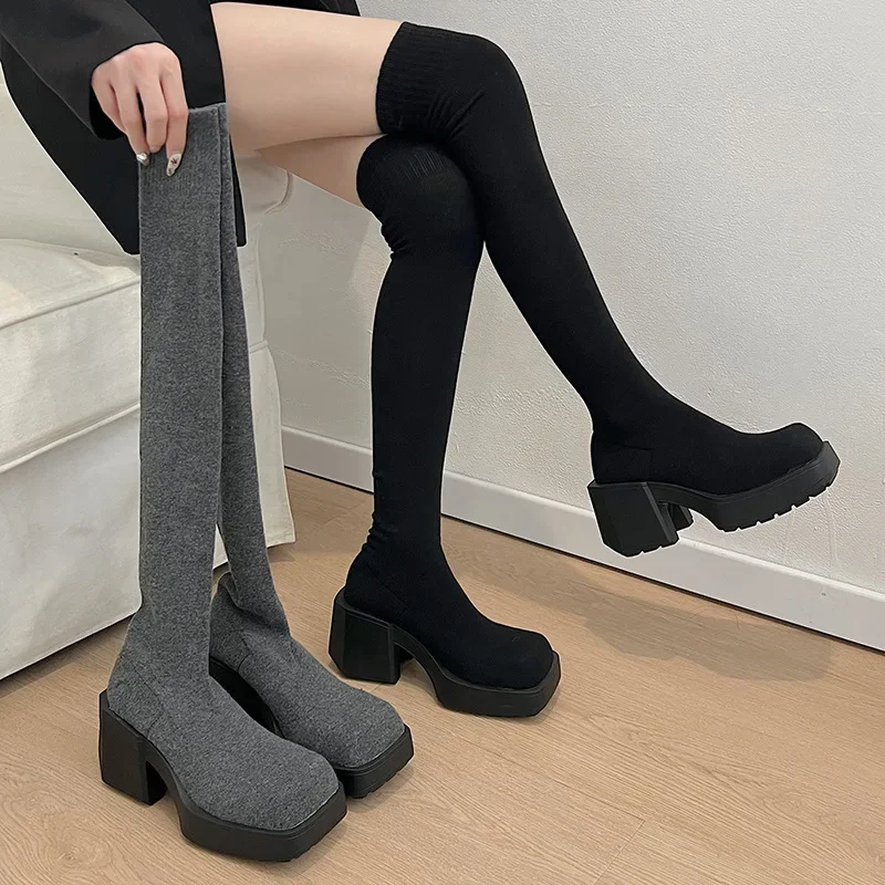 Women's New Spring Autumn Elastic Socks Boots Long Tube Over Knee Thick Heel Slimming Knit Socks Shoes Polyurethane Sole Rubber Women's New Spring Autumn Elastic Socks Boots Long Tube Over Knee Thick Heel Slimming Knit Socks Shoes Polyurethane Sole Rubber