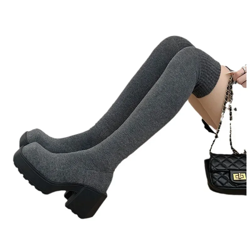Women's New Spring Autumn Elastic Socks Boots Long Tube Over Knee Thick Heel Slimming Knit Socks Shoes Polyurethane Sole Rubber