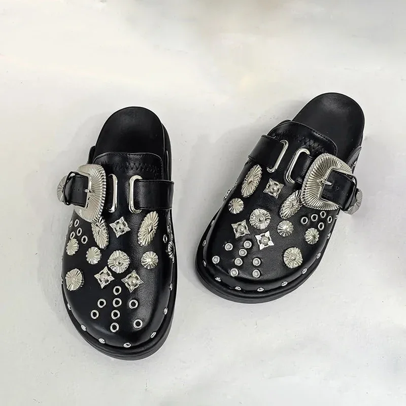 Summer Women Slippers Platform Rivets Punk Rock Leather Mules Creative Metal Fittings Casual Party Shoes Female Outdoor