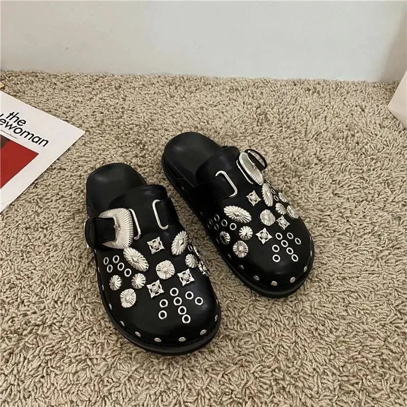 Summer Women Slippers Platform Rivets Punk Rock Leather Mules Creative Metal Fittings Casual Party Shoes Female Outdoor Summer Women Slippers Platform Rivets Punk Rock Leather Mules Creative Metal Fittings Casual Party Shoes Female Outdoor