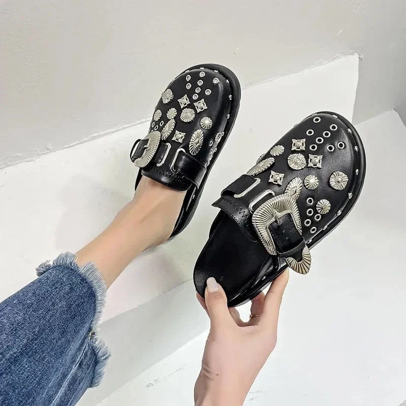 Summer Women Slippers Platform Rivets Punk Rock Leather Mules Creative Metal Fittings Casual Party Shoes Female Outdoor