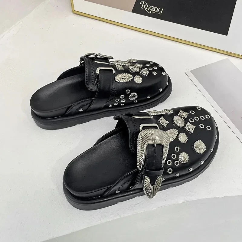 Summer Women Slippers Platform Rivets Punk Rock Leather Mules Creative Metal Fittings Casual Party Shoes Female Outdoor Summer Women Slippers Platform Rivets Punk Rock Leather Mules Creative Metal Fittings Casual Party Shoes Female Outdoor