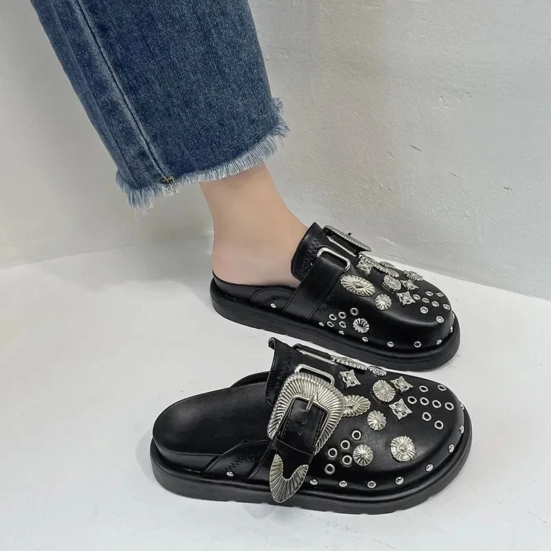 Summer Women Slippers Platform Rivets Punk Rock Leather Mules Creative Metal Fittings Casual Party Shoes Female Outdoor Summer Women Slippers Platform Rivets Punk Rock Leather Mules Creative Metal Fittings Casual Party Shoes Female Outdoor