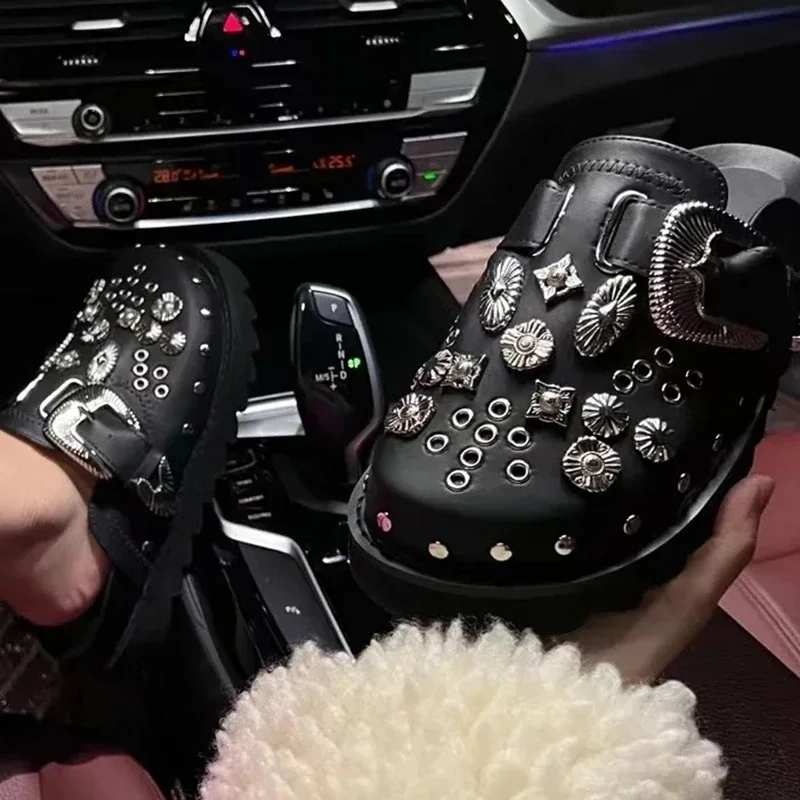Summer Women Slippers Platform Rivets Punk Rock Leather Mules Creative Metal Fittings Casual Party Shoes Female Outdoor Summer Women Slippers Platform Rivets Punk Rock Leather Mules Creative Metal Fittings Casual Party Shoes Female Outdoor
