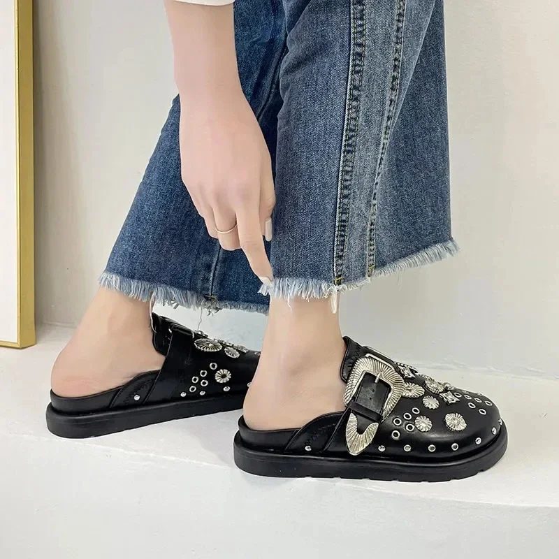Summer Women Slippers Platform Rivets Punk Rock Leather Mules Creative Metal Fittings Casual Party Shoes Female Outdoor