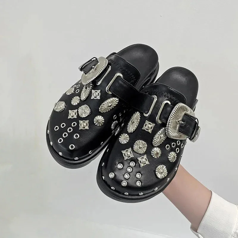 Summer Women Slippers Platform Rivets Punk Rock Leather Mules Creative Metal Fittings Casual Party Shoes Female Outdoor