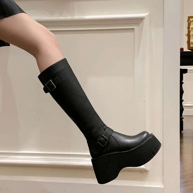 Shoes for Women Knee-High Boots Platform Wedges Boots Gothic Woman's Belt Buckle Round Toe Side Zip Black