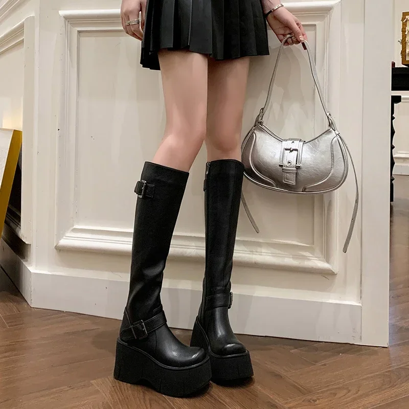 Shoes for Women Knee-High Boots Platform Wedges Boots Gothic Woman's Belt Buckle Round Toe Side Zip Black