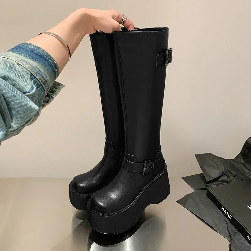 Shoes for Women Knee-High Boots Platform Wedges Boots Gothic Woman's Belt Buckle Round Toe Side Zip Black
