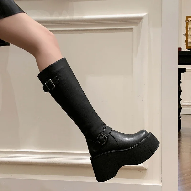 Shoes for Women Knee-High Boots Platform Wedges Boots Gothic Woman's Belt Buckle Round Toe Side Zip Black