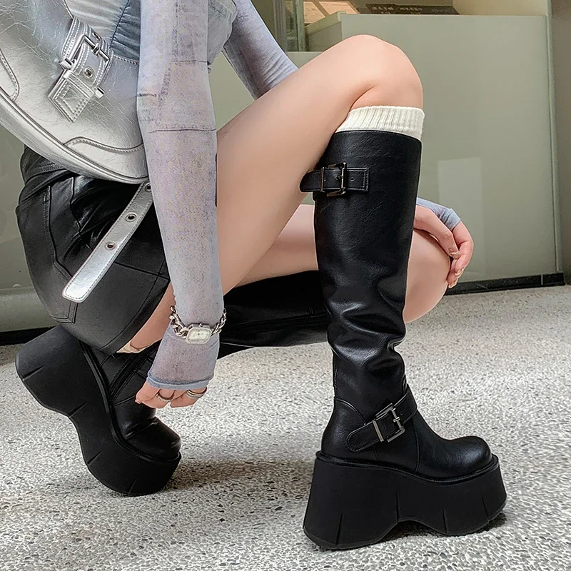 Shoes for Women Knee-High Boots Platform Wedges Boots Gothic Woman's Belt Buckle Round Toe Side Zip Black