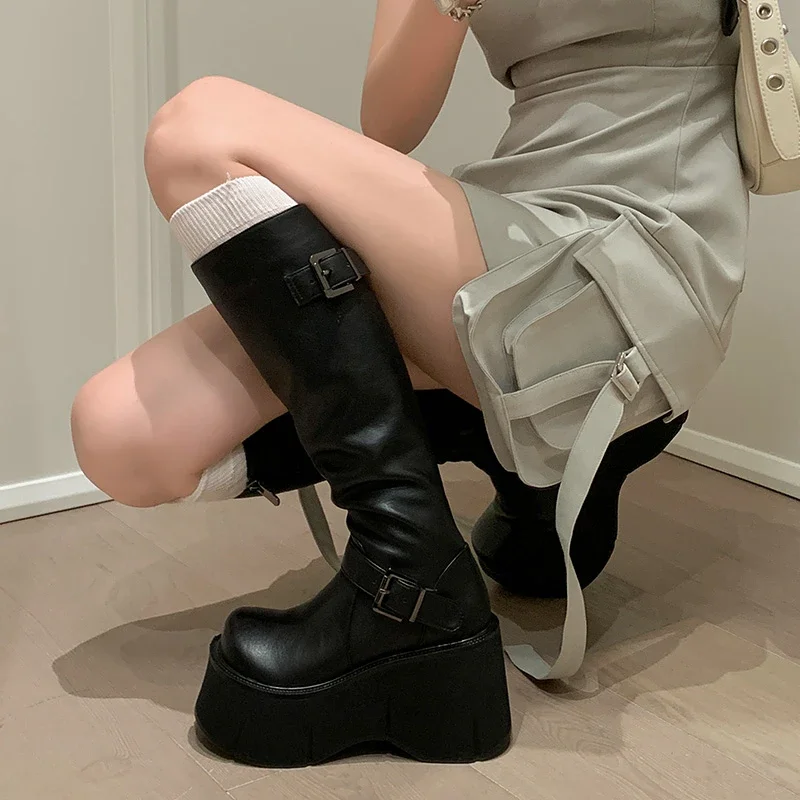 Shoes for Women Knee-High Boots Platform Wedges Boots Gothic Woman's Belt Buckle Round Toe Side Zip Black