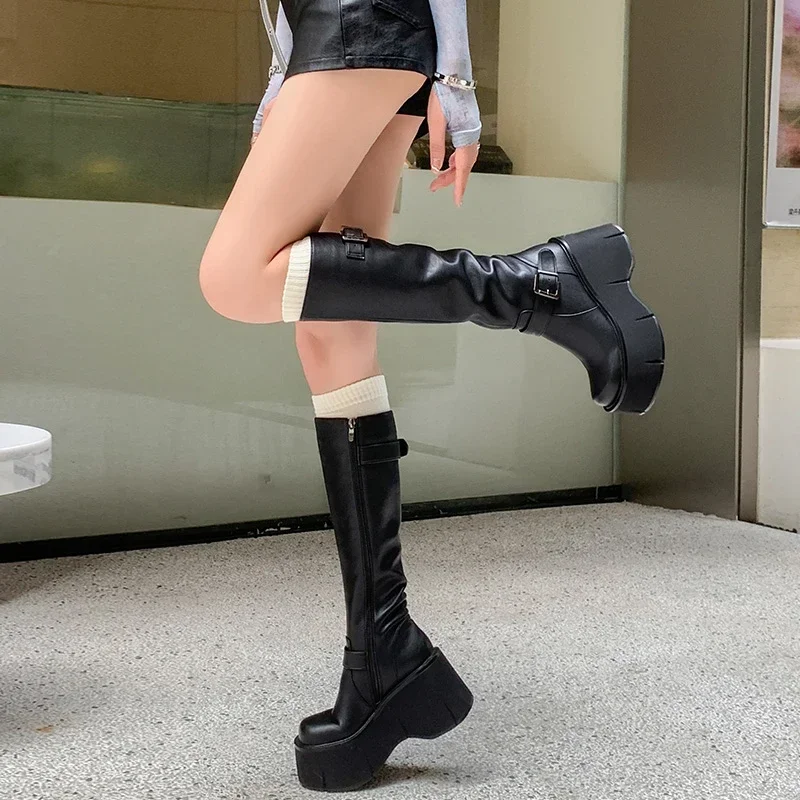 Shoes for Women Knee-High Boots Platform Wedges Boots Gothic Woman's Belt Buckle Round Toe Side Zip Black