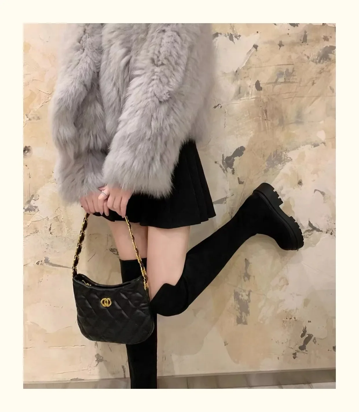 Suede Chelsea Boots Over The Knee  Women Flats Shoes Platform 2023 Winter New Round Toe Designer Gladiator Boots Goth Punk Botas