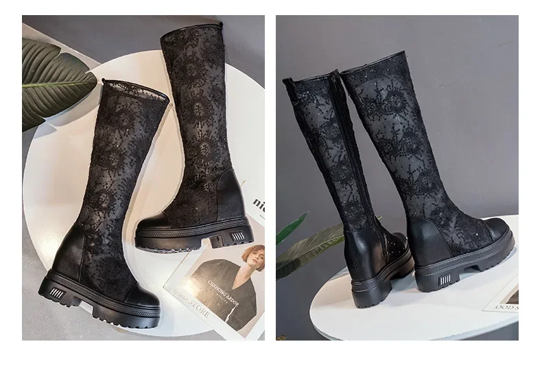 Summer Women 10cm High Boots Long and Tube-shaped Embroidered Black Boots Mesh Thick Soles Fashion Female Platform Shoes New Summer Women 10cm High Boots Long and Tube-shaped Embroidered Black Boots Mesh Thick Soles Fashion Female Platform Shoes New