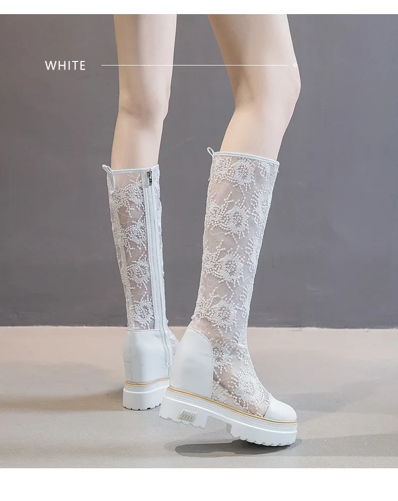 Summer Women 10cm High Boots Long and Tube-shaped Embroidered Black Boots Mesh Thick Soles Fashion Female Platform Shoes New Summer Women 10cm High Boots Long and Tube-shaped Embroidered Black Boots Mesh Thick Soles Fashion Female Platform Shoes New