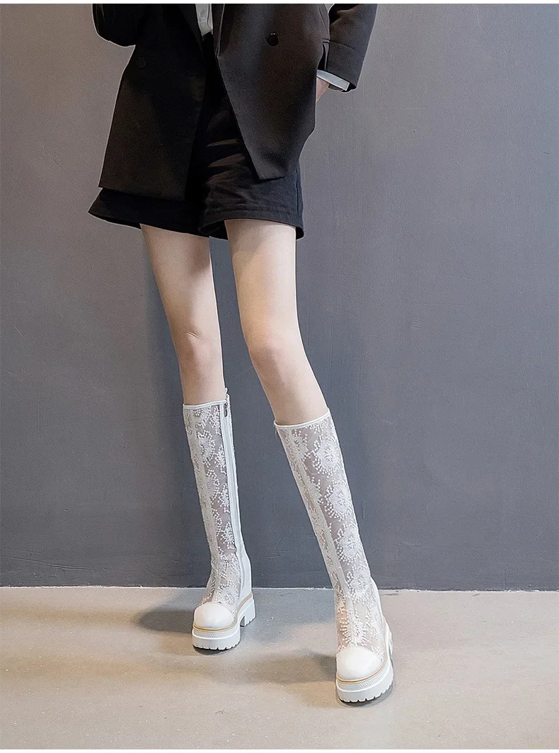 Summer Women 10cm High Boots Long and Tube-shaped Embroidered Black Boots Mesh Thick Soles Fashion Female Platform Shoes New Summer Women 10cm High Boots Long and Tube-shaped Embroidered Black Boots Mesh Thick Soles Fashion Female Platform Shoes New