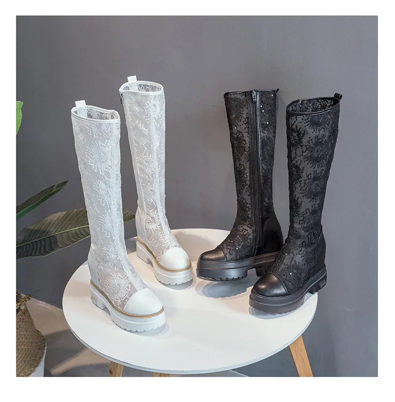 Summer Women 10cm High Boots Long and Tube-shaped Embroidered Black Boots Mesh Thick Soles Fashion Female Platform Shoes New Summer Women 10cm High Boots Long and Tube-shaped Embroidered Black Boots Mesh Thick Soles Fashion Female Platform Shoes New