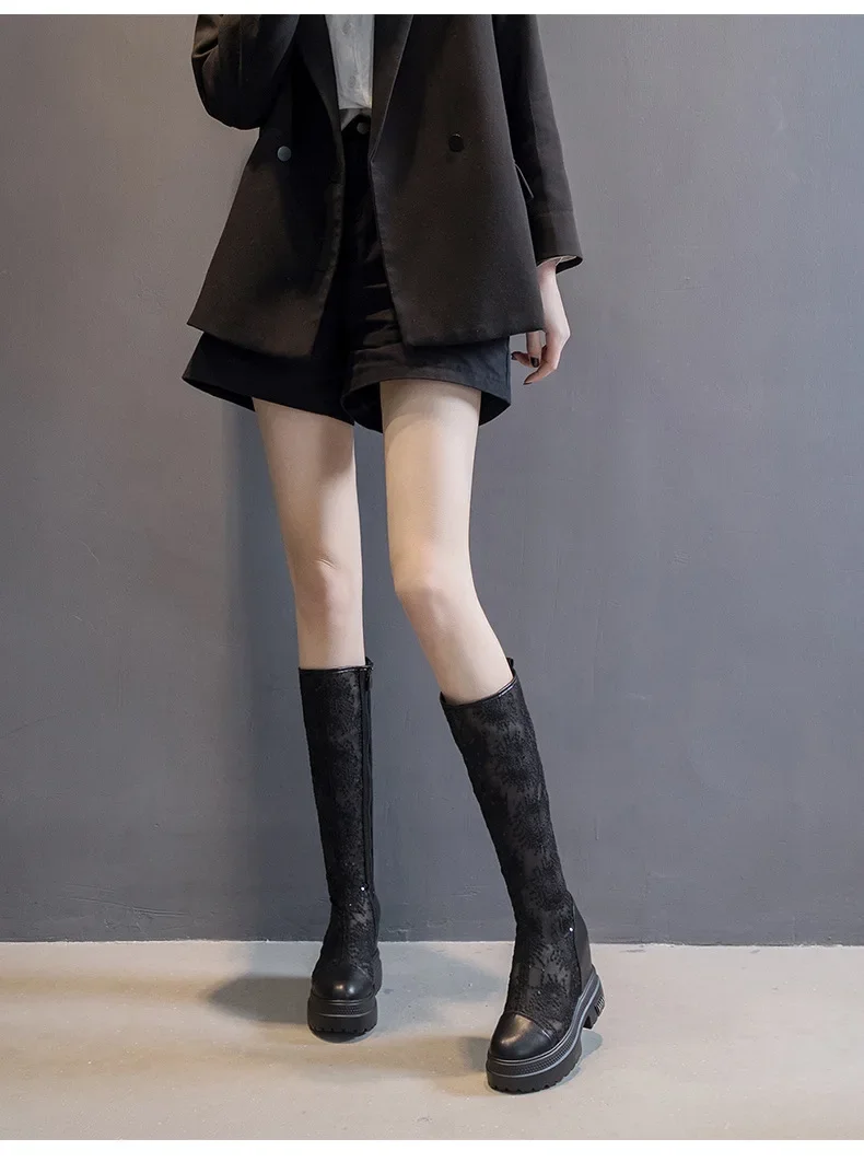 Summer Women 10cm High Boots Long and Tube-shaped Embroidered Black Boots Mesh Thick Soles Fashion Female Platform Shoes New Summer Women 10cm High Boots Long and Tube-shaped Embroidered Black Boots Mesh Thick Soles Fashion Female Platform Shoes New