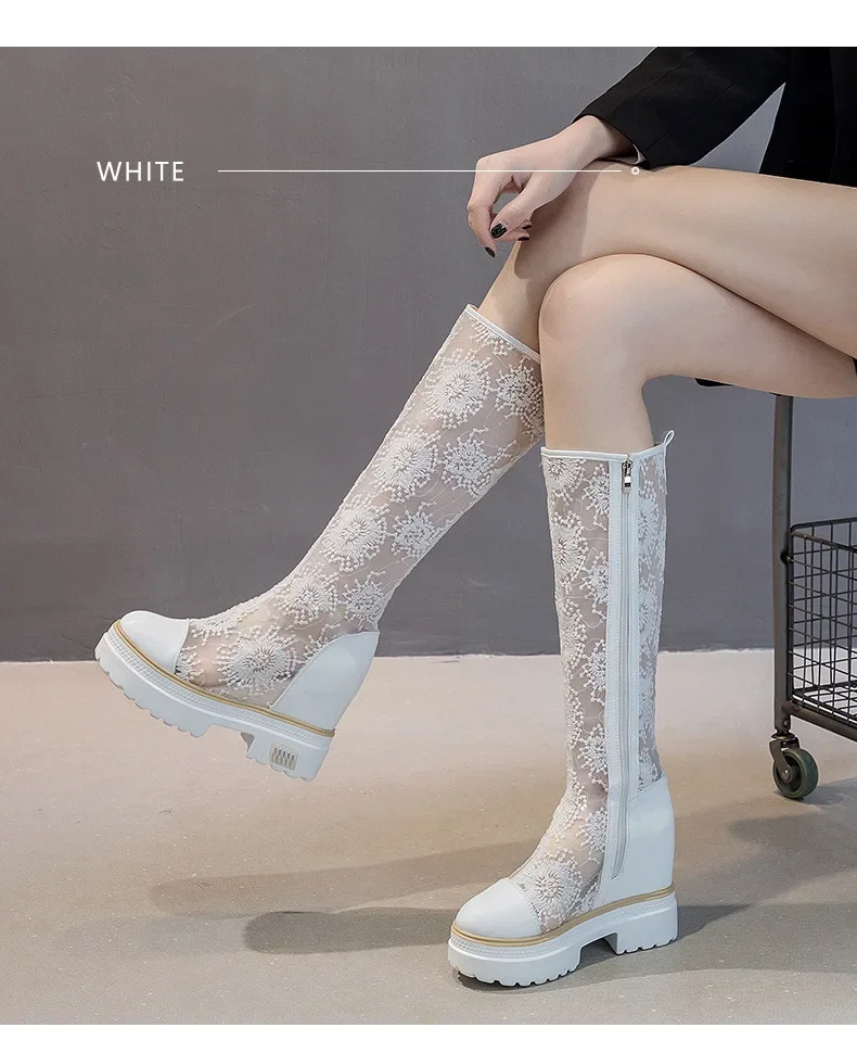 Summer Women 10cm High Boots Long and Tube-shaped Embroidered Black Boots Mesh Thick Soles Fashion Female Platform Shoes New Summer Women 10cm High Boots Long and Tube-shaped Embroidered Black Boots Mesh Thick Soles Fashion Female Platform Shoes New