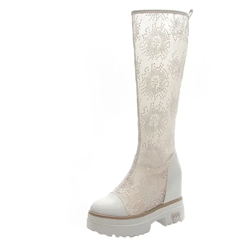 Summer Women 10cm High Boots Long and Tube-shaped Embroidered Black Boots Mesh Thick Soles Fashion Female Platform Shoes New Summer Women 10cm High Boots Long and Tube-shaped Embroidered Black Boots Mesh Thick Soles Fashion Female Platform Shoes New