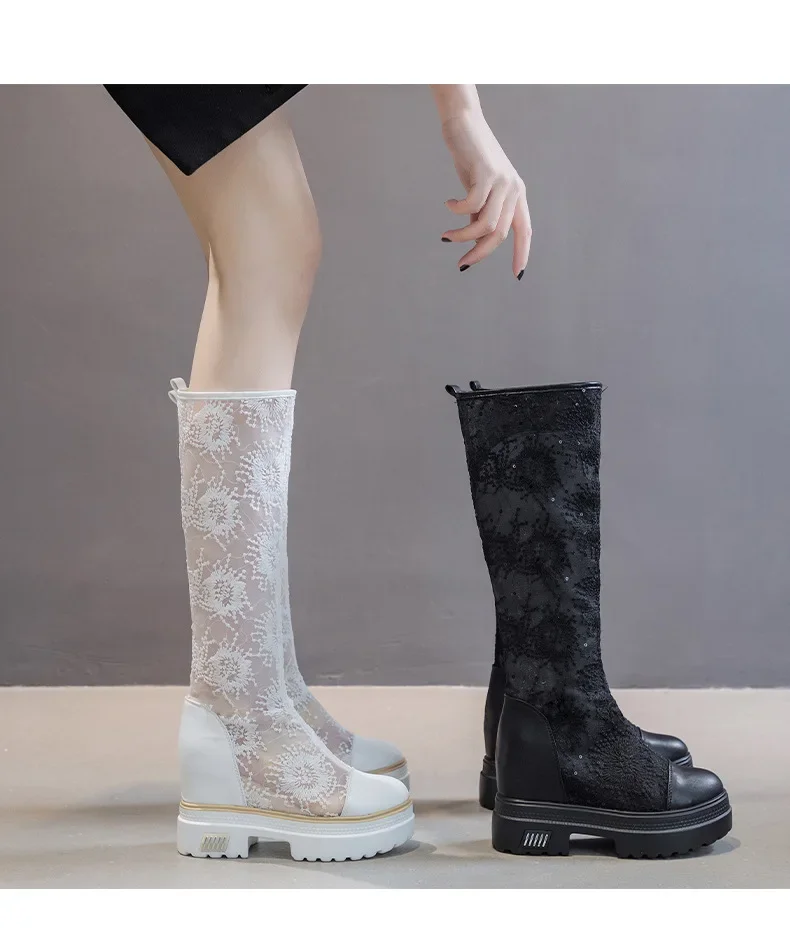 Summer Women 10cm High Boots Long and Tube-shaped Embroidered Black Boots Mesh Thick Soles Fashion Female Platform Shoes New