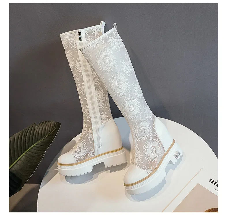 Summer Women 10cm High Boots Long and Tube-shaped Embroidered Black Boots Mesh Thick Soles Fashion Female Platform Shoes New Summer Women 10cm High Boots Long and Tube-shaped Embroidered Black Boots Mesh Thick Soles Fashion Female Platform Shoes New